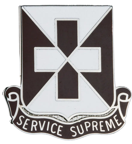 Decorative emblem with a cross design and 'Service Supreme' text on a white background