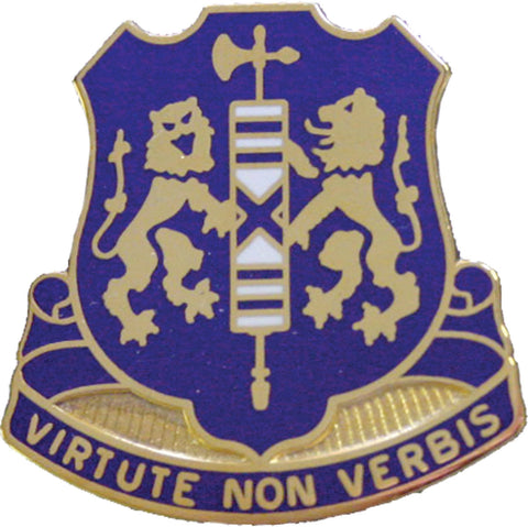Coat of arms with two lions and a cross, set against a blue background with 'Virtute Non Verbis' text.