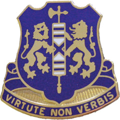 Coat of arms with two lions and a cross, set against a blue background with 'Virtute Non Verbis' text.