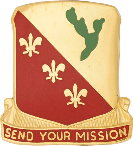 Pin with a red shield design, gold fleur-de-lis symbols, green leaves, and 'Send Your Mission' text on a white background.