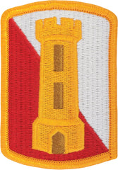 168th Engineer Brigade Patch with a yellow castle design in the middle on a red and white background