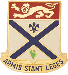 Coat of arms with a lion, cross, and text 'ARMIS STANT LEGES' on a red and blue background.