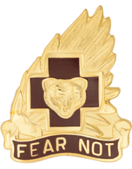 Gold badge with a bear head emblem and 'FEAR NOT' banner on a white background