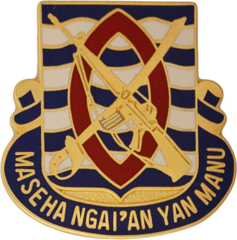 Emblem with crossed rifles, red heart, and text 'Maseha Ngai'an Yan Manu' on a blue background