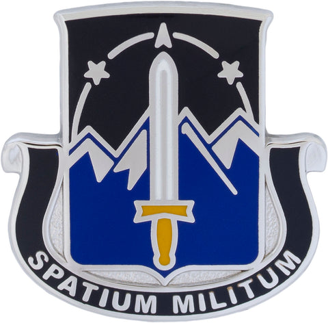 Military emblem with a sword, stars, and mountains on a black and blue background. US Space Force unit crest