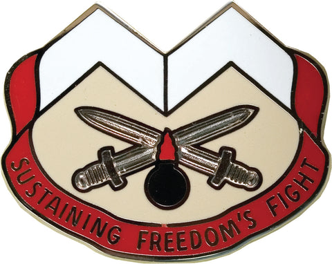 Insignia with crossed swords, a red ribbon, and 'Sustaining Freedom's Fight' text on a white background