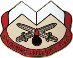 Insignia with crossed swords, a red ribbon, and 'Sustaining Freedom's Fight' text on a white background