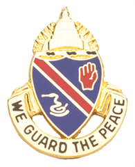 Coat of arms with a blue shield, red hand, and gold border, featuring the text 'We Guard the Peace'.