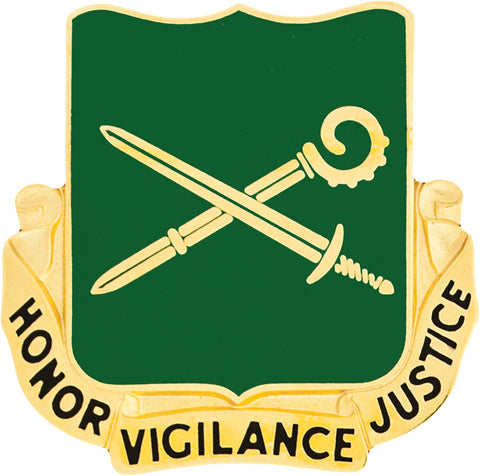 Coat of arms for the 385th Military Police with crossed swords on a green background, surrounded by 'Honor', 'Vigilance', and 'Justice' text.