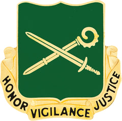 Coat of arms for the 385th Military Police with crossed swords on a green background, surrounded by 'Honor', 'Vigilance', and 'Justice' text.