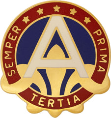 Unit Crest metal pin with a central 'A' design, surrounded by SEMPER PRIMA TERTIA text and stars on a red and blue background