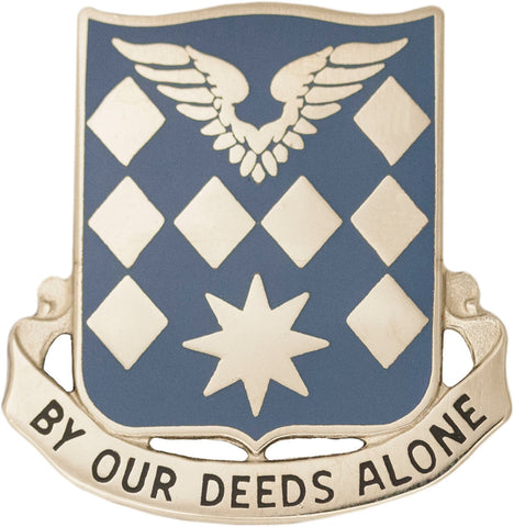 Coat of arms with eagle, diamonds, and star on a blue background with 'By Our Deeds Alone' inscription.