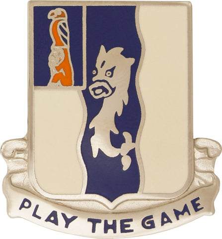 Coat of arms with a lion and sword design and 'Play the Game' text on a white background