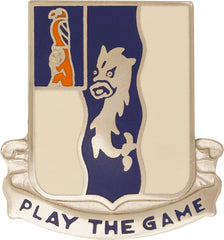 Coat of arms with a lion and sword design and 'Play the Game' text on a white background