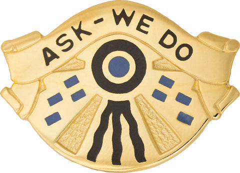 Uniform unit crest  with 'ASK-WE DO' text and symbols on a gold background