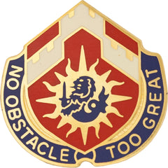Metal unit crest with a lion emblem and 'No Obstacle Too Great' text on a white background