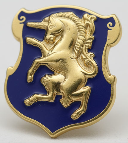Gold unicorn metal pin on a blue shield with a blue background