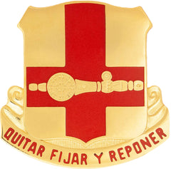 Metal pin Coat of arms with red cross and gold elements on a gold metal  background