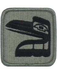 Embroider Black bird design on a green ACU square patch