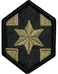Hexagonal embroidered patch with a star design on a black background