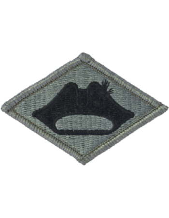 Diamond-shaped patch with a black silhouette of a hat on a gray  green background