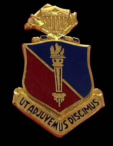 Adjutant General School Unit Crest metal pin in gold metal and UT ADJUVEMUS DISCIMUS lettering
