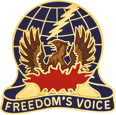 Logo with an eagle, globe, and lightning bolt, featuring the text 'Freedom's Voice'.