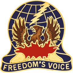 Logo with an eagle, globe, and lightning bolt, featuring the text 'Freedom's Voice'.