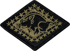 Embroidered patch with a black pin design on a black background