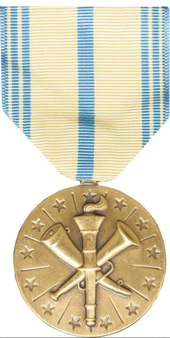 Gold medal with a ribbon featuring blue and yellow stripes