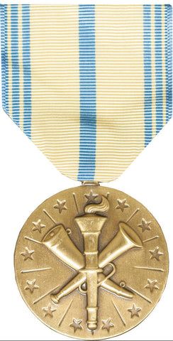 Gold medal with a ribbon featuring blue and yellow stripes