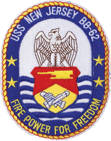 Emblem of USS New Jersey BB-62 with an eagle and shield design on a blue background.