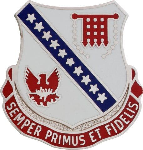 Military crest with eagle emblem and text 'Semper Primus Et Fidelis' on a white background