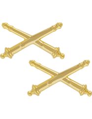 Two gold cross-shaped military insignias on a white background