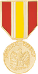 Metal pin that mirrors the National defense Medal.  With red and yellow stripes and an eagle emblem on a white background, and National Defense writing on it.
