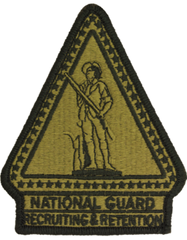 National Guard Recruiting & Retention patch with a triangular design and soldier emblem.