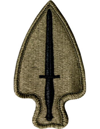 Embroider patch with a spear design in black on a bagby green background