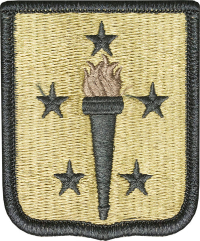 Green embroidery patch with five black stars, and a flaming torch in the middle