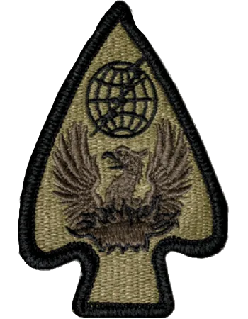 Green Uniform Patch with an arrowhead design featuring an eagle and a globe emblem on on black