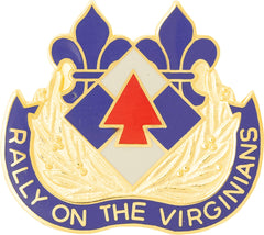 Unit Crest Emblem with blue, red, and gold colors on a gold metal background