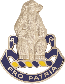Insignia with a bear emblem and 'Pro Patria' text on a white background