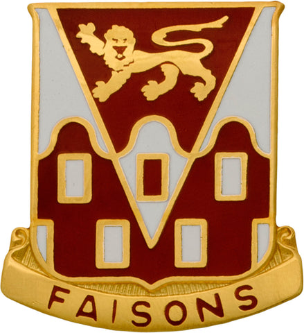 Autentic Unit Crest metal pin for the 368th Engineer; with a white lion emblem and 'FAISONS' text on a red and gold background