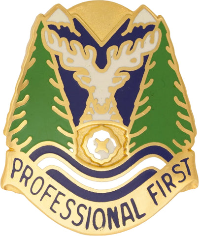 Badge with a deer emblem and 'Professional First' text on a green and blue background