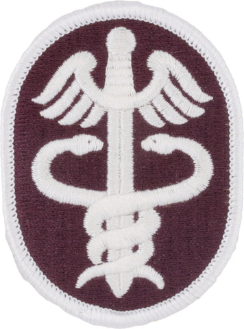 Patch with white caduceus symbol on a burgundy background