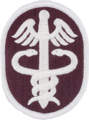 Patch with white caduceus symbol on a burgundy background