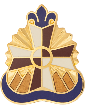 Decorative emblem with gold, brown, and blue colors on a white background