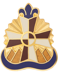Decorative emblem with gold, brown, and blue colors on a white background
