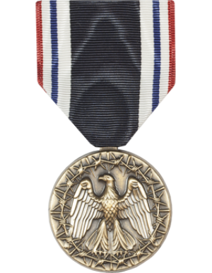 Medal with eagle design and ribbon on a white background