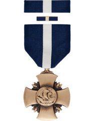 Bronze military cross medal with blue ribbon on a white background