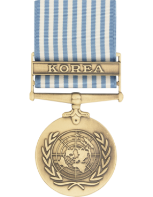 Medal with 'Korea' on a blue and white striped ribbon